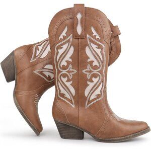 🆕Women's Brown Embroidered Pointed Toe Block Heel Cowgirl Western Booties